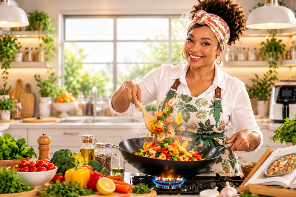 auntie sizzle’s colorful kitchen stir fry
