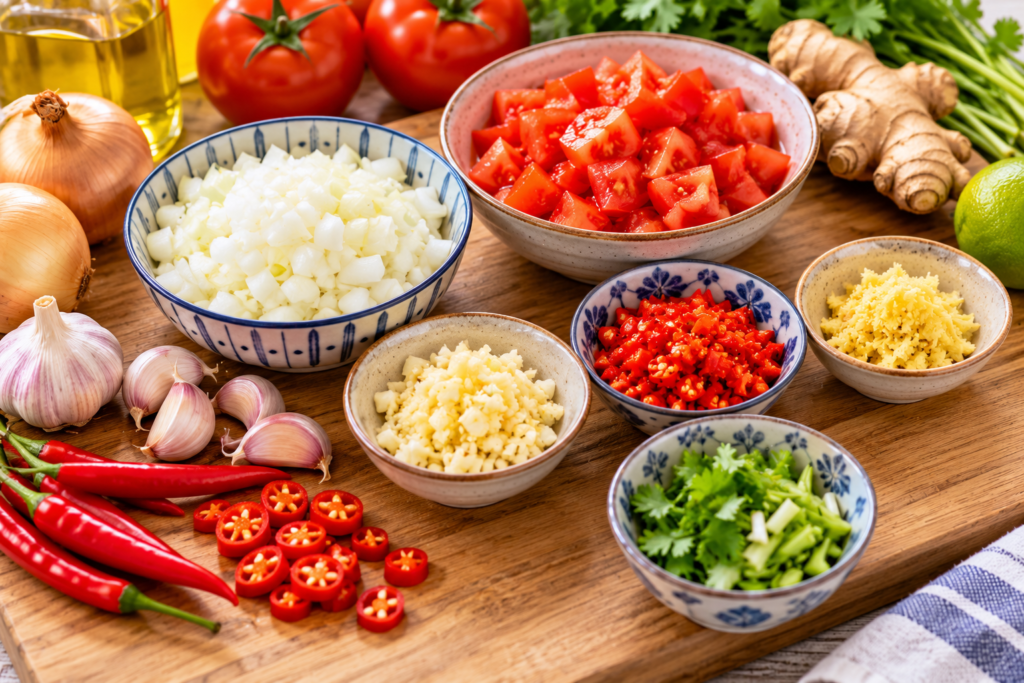 colorful sauce prep on a wooden board