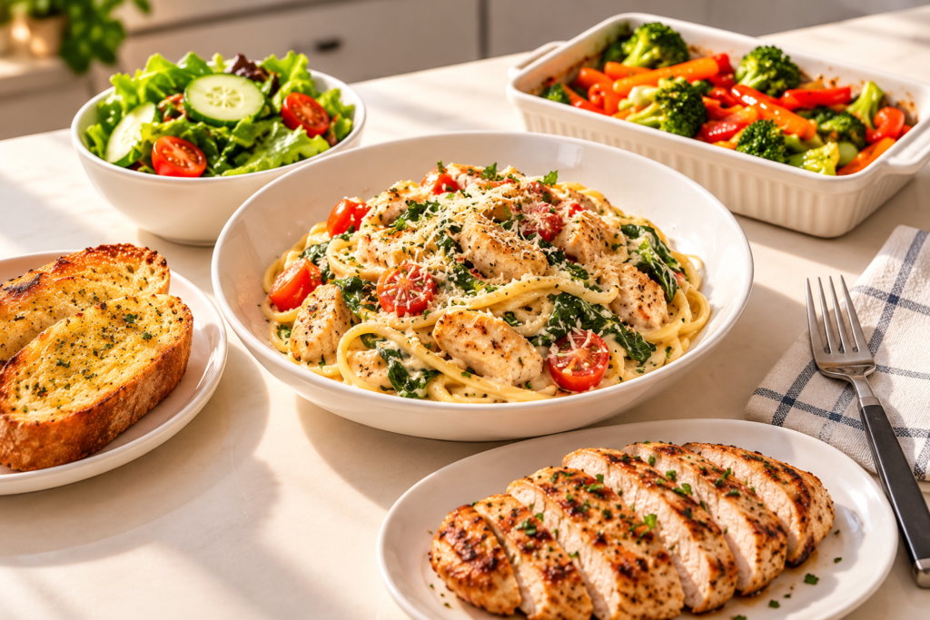 creamy chicken pasta dinner spread