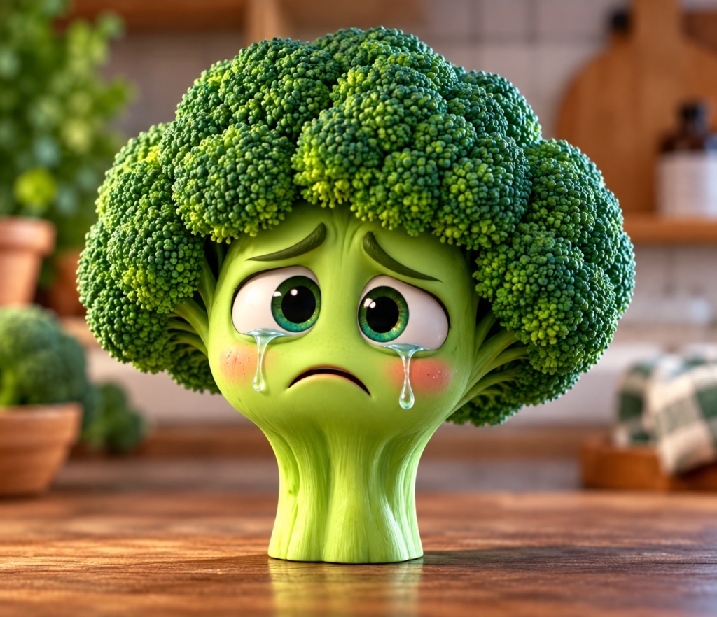 crying broccoli in a cozy kitchen