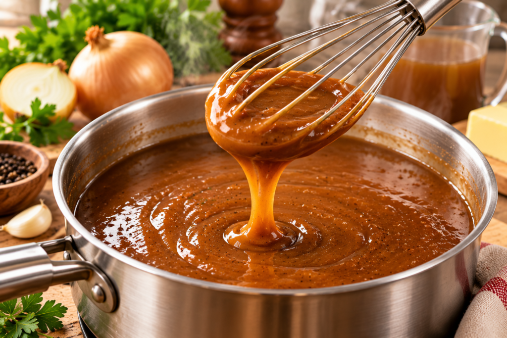 glossy gravy whisked in a rustic kitchen
