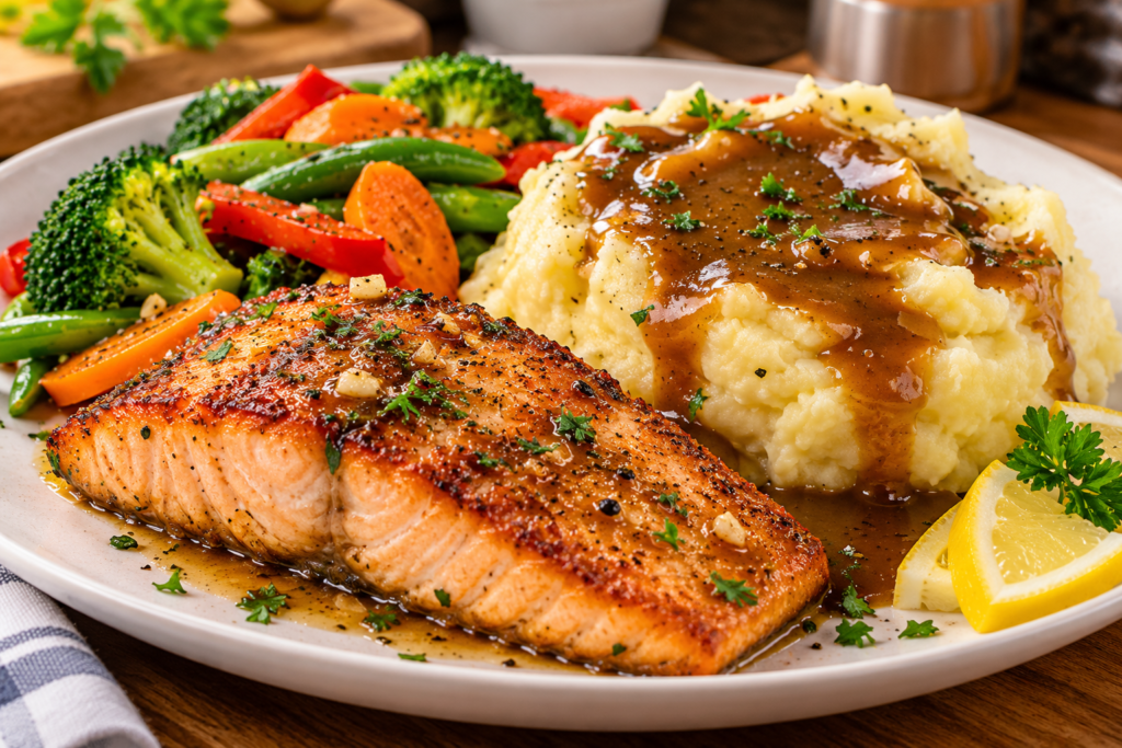 golden salmon with gravy and vegetables