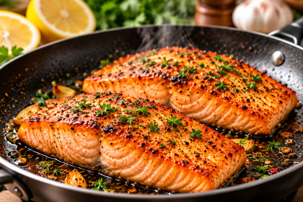 gourmet pan seared salmon with lemon and herbs