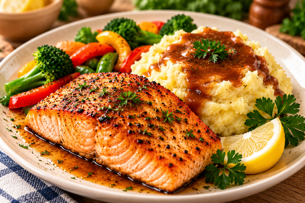 gourmet salmon dinner plate