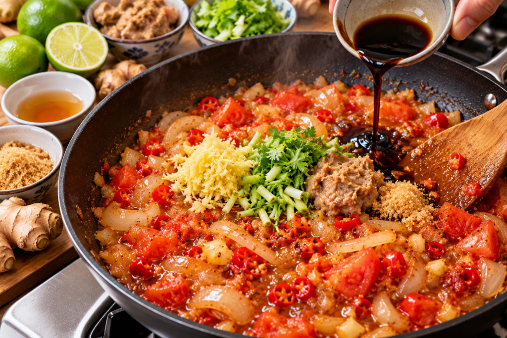 sizzling tomato chili ginger stir fry