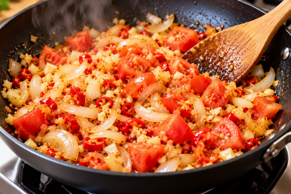 sizzling tomato, garlic and chili skillet