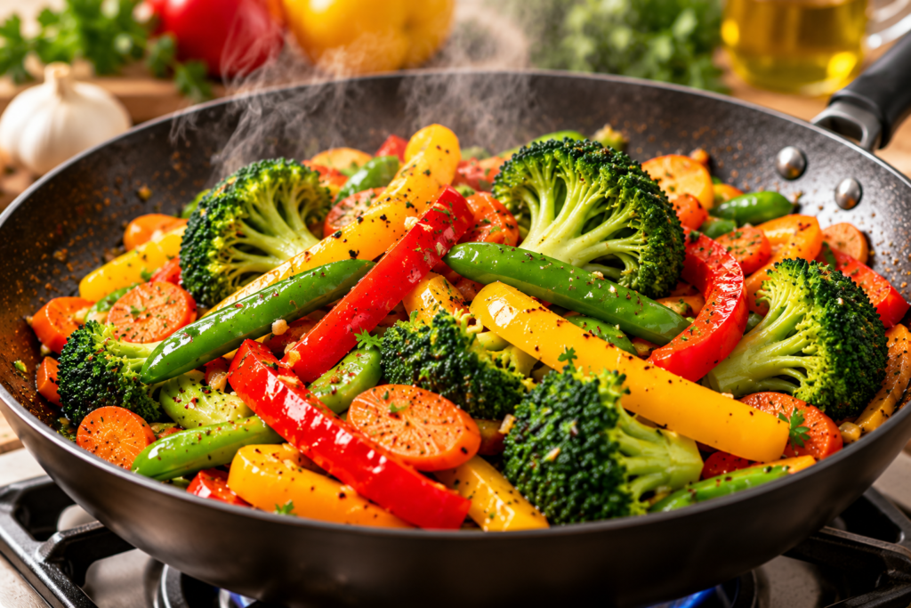 steaming rainbow vegetable stir fry